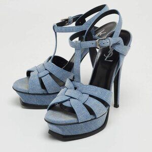 Saint Laurent Navy Blue Denim Tribute Platform Ankle Strap Sandals